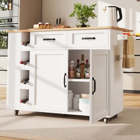 Îlot de cuisine blanc avec multiprise, en bois, avec porte, pour cuisine et salle à manger, plan grain bois, chariot restaurant polyvalent pour maison