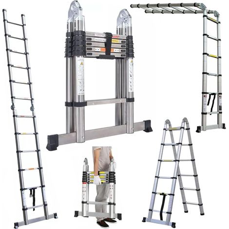Échelle télescopique, échelle rétractable, échelle télescopique polyvalente pliable, échelle portable en forme de A, plus solide que les autres échelles, 3,8 mètres / 12,5 pieds (6,2 pieds + 6,2 pieds
