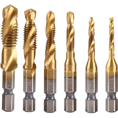 Lot de 6 Tarauds Filetés, Foret Taraud Filetage Métrique M3-M10 avec Revêtement en Titane HSS et Embouts de Taraudage 1/4" Queue Hexagonale Cannelée (1/5)