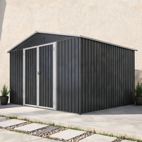 Grand abri de jardin en acier laqué gris 6,91 m² double porte (1/5)