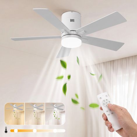 Ventilador de techo con luz y mando a distancia, 5 aspas, 6 velocidades, diseño perfil bajo, Ø 106,6 cm, Blanco (1/5)