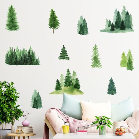 Lntyq Stickers muraux motif arbre de pin vert aquarelle grand arbre forêt forêt forêt pour chambre d'enfant, chambre à coucher, salon