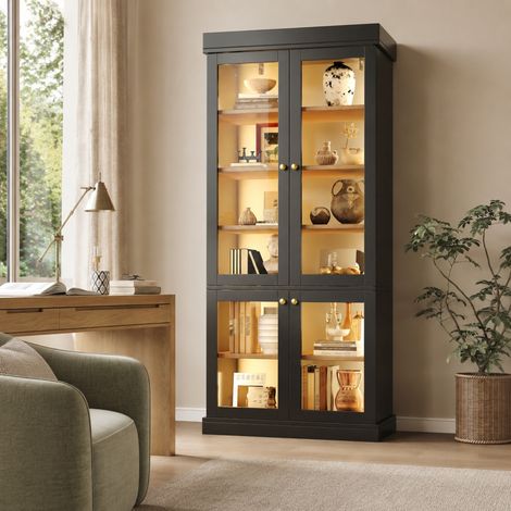 Vetrina alta nera con LED integrato, MDF, vetro e sistema antiribaltamento OKWISH (1/5)