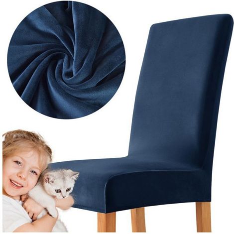 Housse De Chaise - Velours Bleu Marine - Épaisse Élasthanne - Pour Chaise Standard - 1 Pièce (1/5)