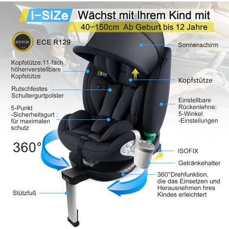 Siège auto i-Size 360° pivotant, 0-36 kg (40-150 cm) – appuie-tête réglable, ISOFIX intégré, pare-soleil et porte-gobelet inclus, dès la naissance jusqu’à 12 an