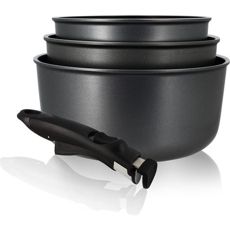 Set de 3 casseroles en aluminium 16/18/20cm – Poignée amovible en bakélite – Fond en acier inoxydable – Compatible induction