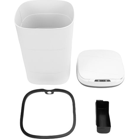 Poubelle de 18 litres à détecteur de mouvement, automatique et sans contact, avec anneau poussoir lumineux bleu pour salle de bain, cuisine et salon (blanche). (1/5)