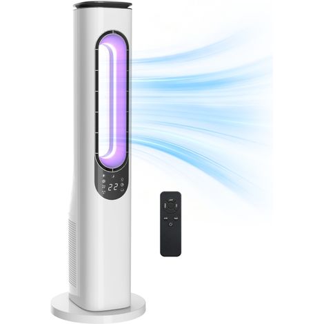 Ventilateur Tour Sans Pale Silencieux avec Télécommande – Oscillation 50°, 3 Vitesses, 3 Modes, Minuterie 15H et Éclairage LED, Blanc (1/5)