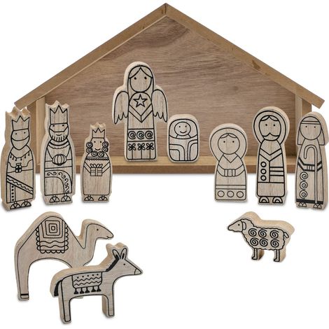 Spetebo Krippenstall und Figuren aus Holz Natur - 12 teilig - Weihnachtskrippe mit Stall und 11 Holzfiguren - Tischkrippe Weihnachtsdeko Krippe Jesu Geburt Weihnachten Tisch Deko Aufsteller