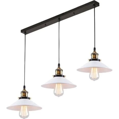 Lustre Rétro Suspension en Métal Style Nordique Blanc Plafonnier E27 Douille 3 Source de Lumières Abat- jour 22 cm pour Eclairage