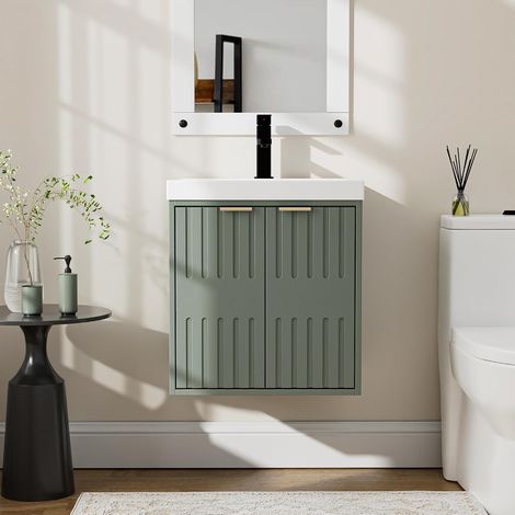 UEV Meuble de Salle de Bain Suspendu avec Vasque - Armoire sous-Lavabo 2 Portes Finition Bois - Gain de Place & Entretien Facile, Idéal pour Petites Salles de Bain et WC 50 x 38 x 55 cm, Vert