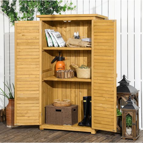 Armadio da giardino 87x46.5x160 cm, 3 ripiani, ante a lamelle, legno, colore legno naturale (1/5)