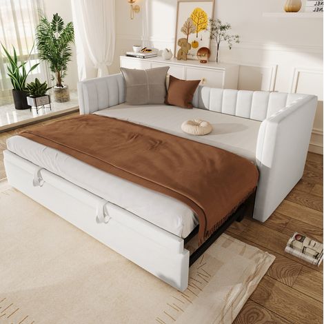 Divano letto estraibile 90x200 cm bianco in velluto e MDF con letto supplementare (1/5)