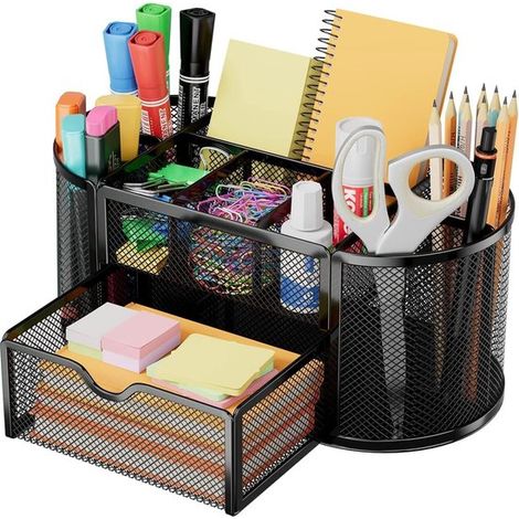 Organizador de escritorio de malla metálica: 4 compartimentos para bolígrafos, grapas y documentos. (1/5)