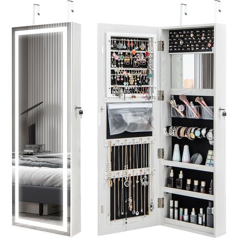 COSTWAY Armadietto Portagioie da Parete, Specchio Portagioie con Luci LED, Contenitore per Gioie Salvaspazio con Serratura e 3 Ripiani, Specchiera Portagioie a Muro, 40 x 12,5 x 120 cm (1/5)