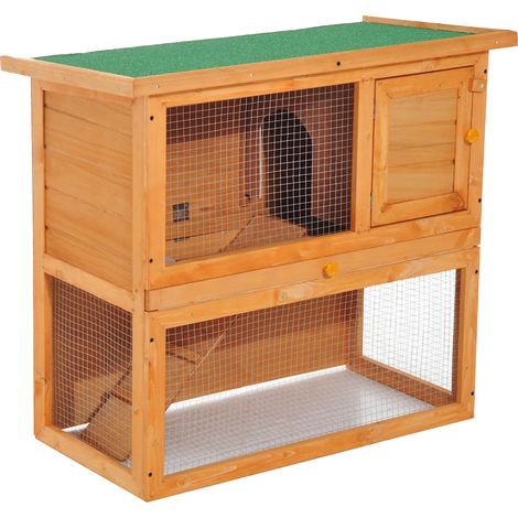 Pawhut – Clapier à lapin 2 étages en bois de pin – Rampe, plateau coulissant, toit ouvrant – Dimensions 90L x 45l x 80H cm – Pour 1 ou 2 lapins