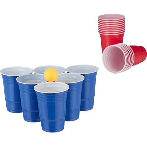 Relaxdays Lot de gobelets de bière-pong, Set de beer pong avec 6 balles, 50 verres, jeu à boire, 16 oz, rouge/bleu (1/5)