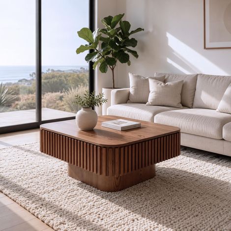 Tavolino da salotto quadrato - 75 x 75 x 35 cm - contenitore nascosto, piano rimovibile, design scanalato - stile moderno - MDF, impiallacciato legno - noce (1/5)