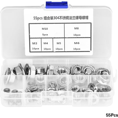 55pcs Stainless Steel Hex Nut M3/M4/M5/M6/M8/M10 Thread Hexagonal Flange Nuts