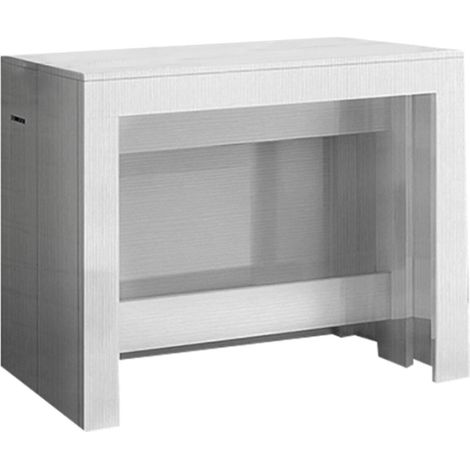 Dmora Tavolo da pranzo moderno, Made in Italy, Consolle allungabile fino a 12 posti, con portallunghe, cm 51x90h77 ( fino a 300 cm) colore Bianco lucido Larice, con imballo rinforzato