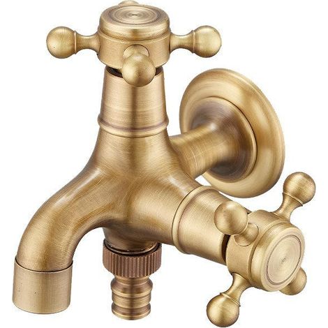 Robinet d'extérieur doré - Robinet rétro de luxe - Robinet décoratif de jardin - Robinet pour machine à laver - Cuivre - Double (1/4)