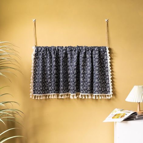 Cortina corta para cocina, cortina azul marino para ventana de salón, algodón y lino, flores étnicas con borlas, 60 x 90 cm (ancho x alto) (1/5)