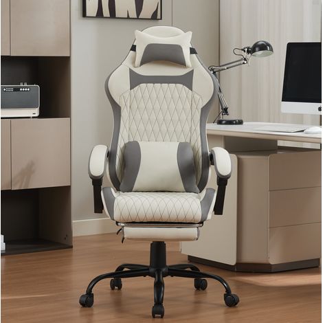Silla gaming ergonómica con reposapiés retráctil, respaldo reclinable 90 a 135°, PVC blanco y gris (1/5)