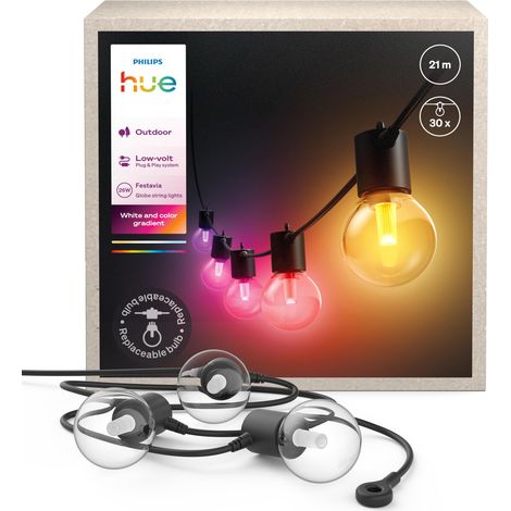 Philips Hue Festavia Guirlande lumineuse d'extérieur avec 30 ampoules globe - 21 mètres Lumière blanche et colorée - IP65 - White and Color Ambiance