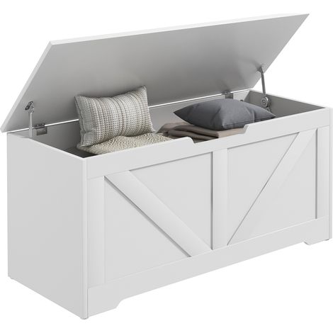 Banco de almacenamiento de madera con bisagras de seguridad, baúl para juguetes con capacidad de 127 litros para recibidor y dormitorio, 100x40x45 cm, blanco. (1/5)