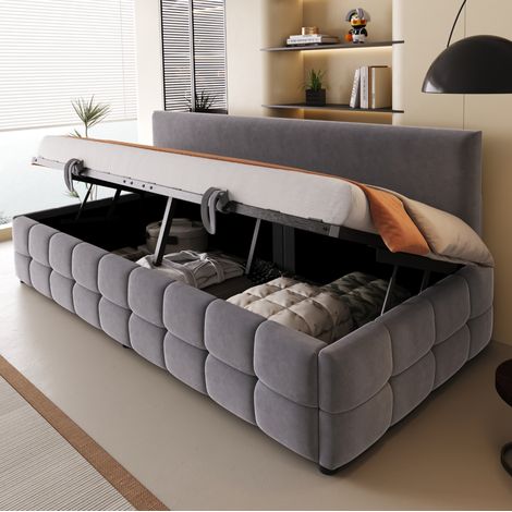 Lit coffre 90x200 cm avec dossier et rangement, en velours, gris, sans matelas (1/5)