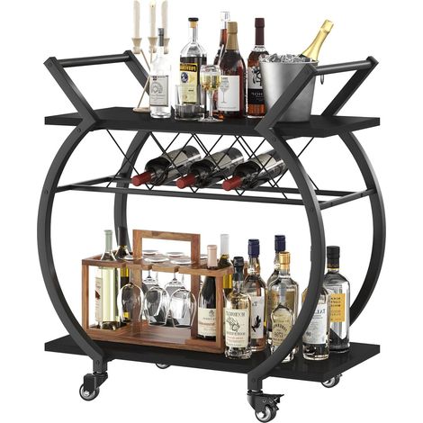 Chariot de service en bois et métal avec casier à vin