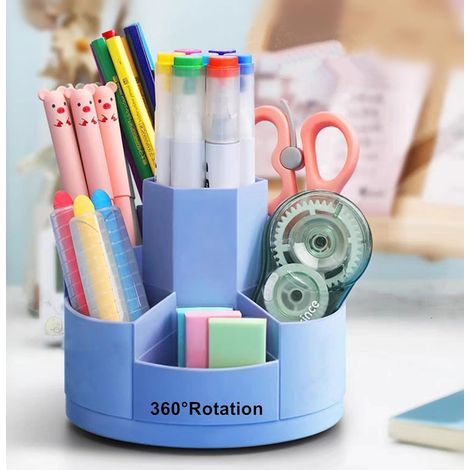 Porte-stylos à crayons de bureau 7 emplacements, organisateurs de stylos à crayons rotatifs à 360 ° pour le rangement de bureau, organisateur de fournitures de papeterie (bule) (1/5)
