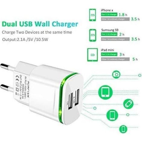 Chargeur Secteur USB - 2 Ports 2.1 A - Pour iPhone Samsung Xiaomi - Blanc - 2 Pièces (1/5)