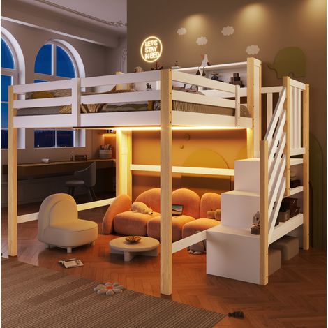 Lit mezzanine 140x200 cm blanc et naturel en pin et MDF avec éclairage LED et escalier de rangement (1/5)