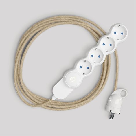 creative cables -  Multipresa tedesca con cavo in juta di colore neutro e spina Schuko con anello comfort