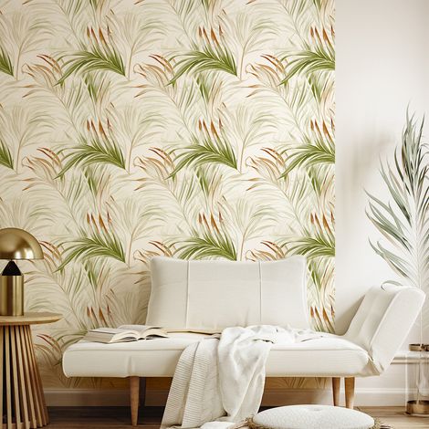 Papier peint intissé pré-encollé - TROPICAL FEUILLES DE PALMIER VERT PASTEL - 1 rouleau de 300x60cm (1/5)