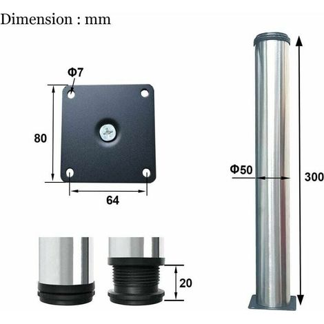 Pieds Regolabili per Mobili in Acciaio Inox Satinato - Altezza 300 mm, Regolabili da 0 a 15 mm (1/3)
