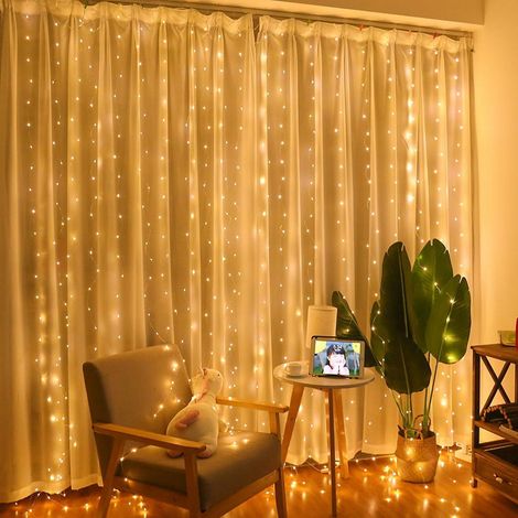 Guirlande Lumineuse Rideau - 3 m x 3 m - LED Blanc Chaud - 8 Modes - Télécommande USB - Pour Chambre Enfant, Mur, Fenêtre, Décoration Intérieure (1/5)