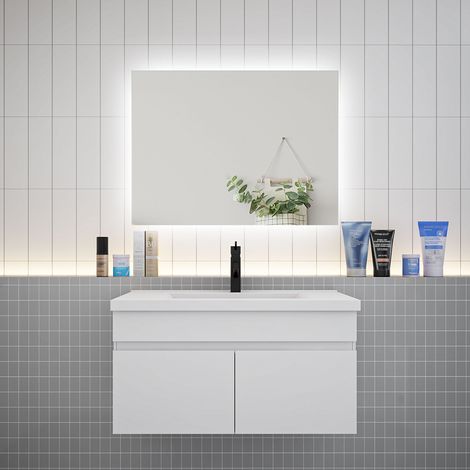 Aica Ensemble meuble Salle de Bain Blanc avec vasque L.80cm + Miroir LED 80x60cm