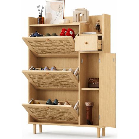 CHICFURN Meuble à chaussures étroit en MDF bois clair 3 abattants 1 tiroir avec étagères réglables pour entrée couloir chambre rangement gain de place 90x125x17 cm (1/5)