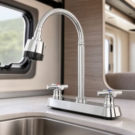 Robinet de cuisine pour camping-car 8 pouces, double poignée eau chaude et froide, bec pivotant à 360°, avec douchette et mousseur, modèle DY-51013 (1/5)