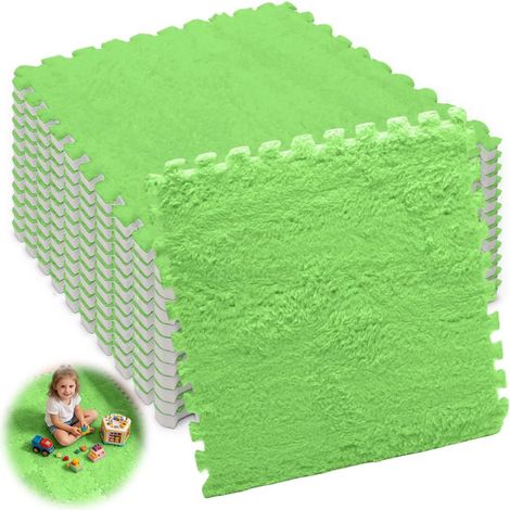 Lot de 12 dalles de sol emboîtables en mousse pelucheuse pour salon, chambre à coucher, 30 x 30 x 1 cm, pour salon, chambre à coucher (vert) (1/5)