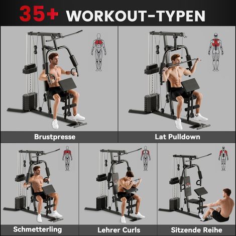 Station de musculation avec bloc de 45 kg, 180 x 108 x 200 cm, acier noir