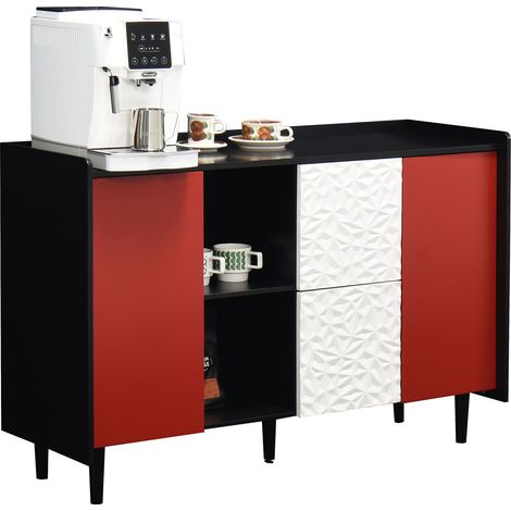 Aparador con 2 Cajones y 2 Huecos Abiertos, Puertas Rojas, Estilo Moderno, en MDF, 120×40×80 cm, Negro (1/5)