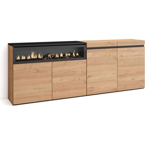Aparador Adamuz de 200x75x35 cm con 4 puertas, chimenea y luces LED, color roble y negro (1/4)