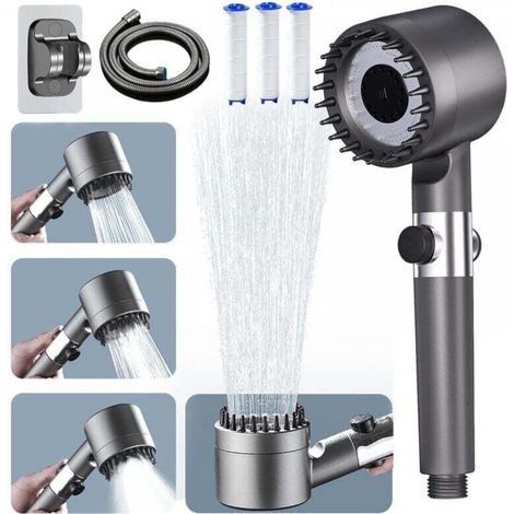Pommeau de Duche Haute Pression,Pommeau de Duche Economie Deau avec Tuyau Douche 1.5M et Support,Salle de Bain Réglable à 4 Modes,Pommeau de Douche Anti Calcaire Bouton D'arrêt D'eau (1/5)