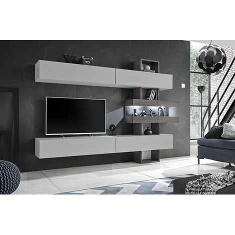 Ensemble meuble TV mural Tokio - L 250 x P 35 x H 180 cm - Blanc - Livraison gratuite (1/5)