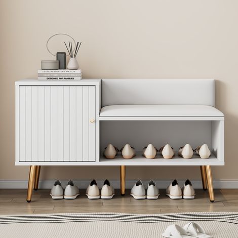 Mobile portascarpe con contenitore, panca imbottita e schienale, bianco, 100 x 40 x 58 cm DESVIAE (1/5)