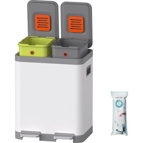 Poubelle de cuisine à double étape et poubelle de recyclage en acier inoxydable avec seaux intérieurs amovibles, pour la maison, le bureau (15 + 15 L, blanc) (1/5)