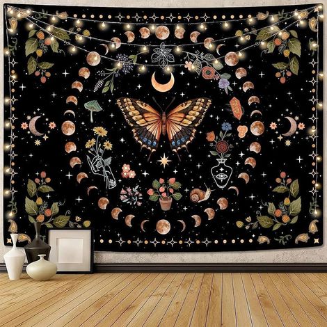 Tapestry - Papillon Fleur De Lune - 91 x 122 cm - Orange - Décoration Murale Pour Chambre Salon Dortoir (1/5)